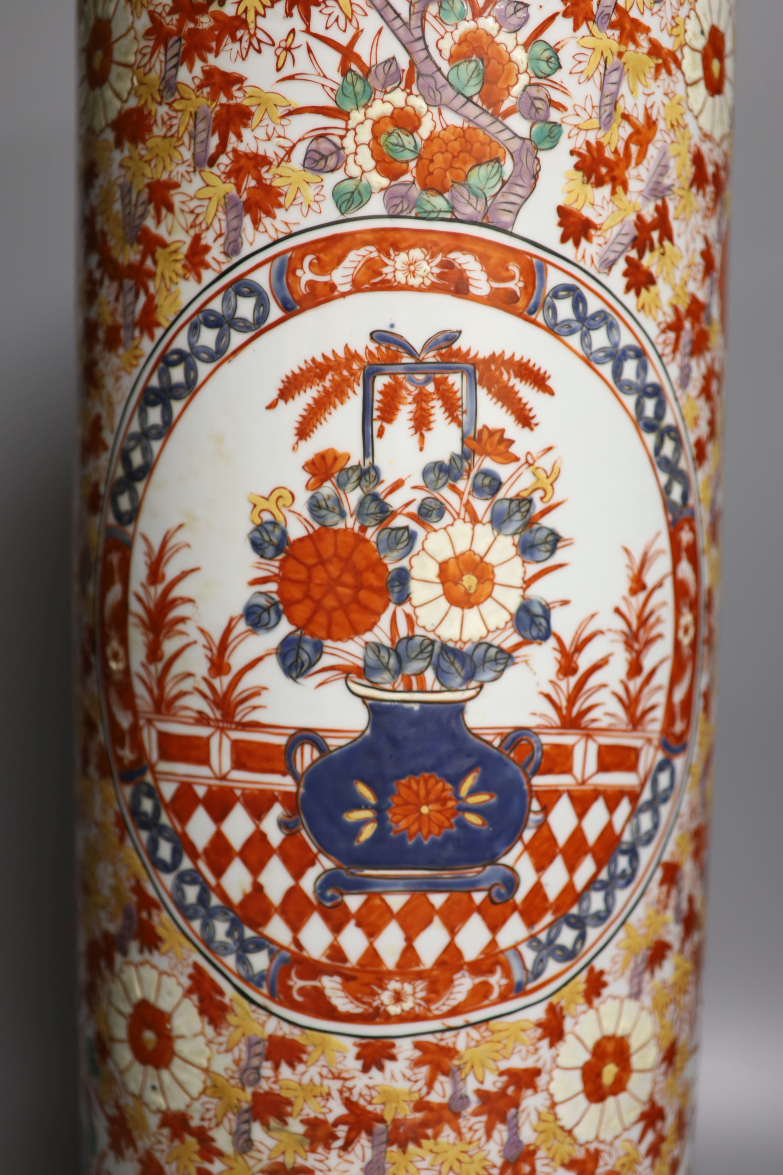 An Imari pattern cylindrical stick stand